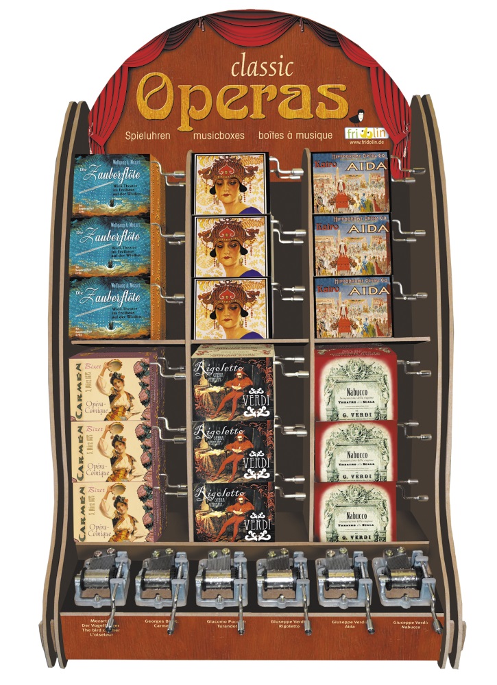 Speldosor, Art & Music Box-display, Classic Operas, Bordsdisplay med 36 st.+6 st. demo., TEMA-produkt