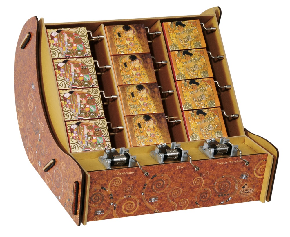 Spilledåser, Art & Music Box-display, Gustav Klimt, Borddisplay med 36 stk.+3 stk. demo. TEMA-produkt