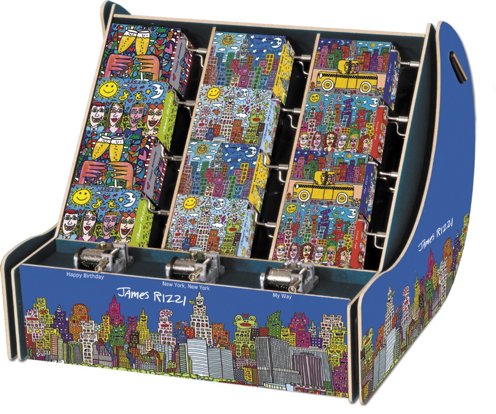 Spilledåser, Art & Music Box-display, James Rizzi, Borddisplay med 36 stk.+3 stk. demo. TEMA-produkt