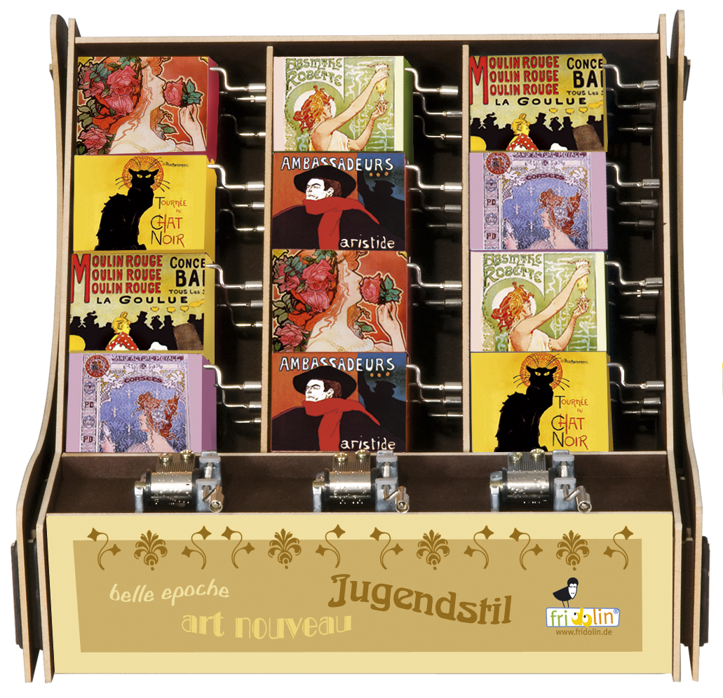 Speldosor, Art & Music Box-display, Jugendstil, Bordsdisplay med 36 st.+3 st. demo., TEMA-produkt