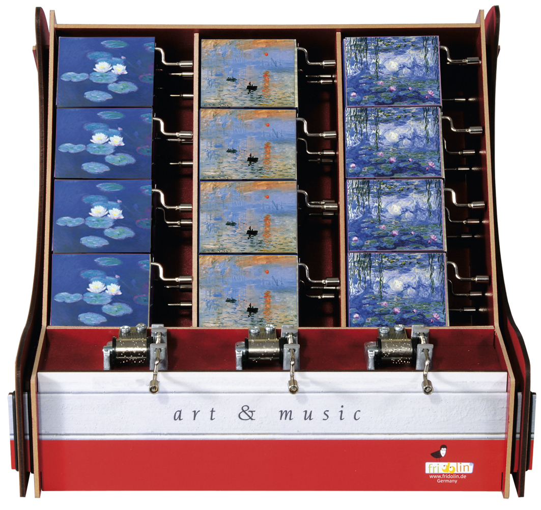 Spilledåser, Art & Music Box-display, Claude Monet, Borddisplay med 36 stk.+3 stk. demo. TEMA-produkt