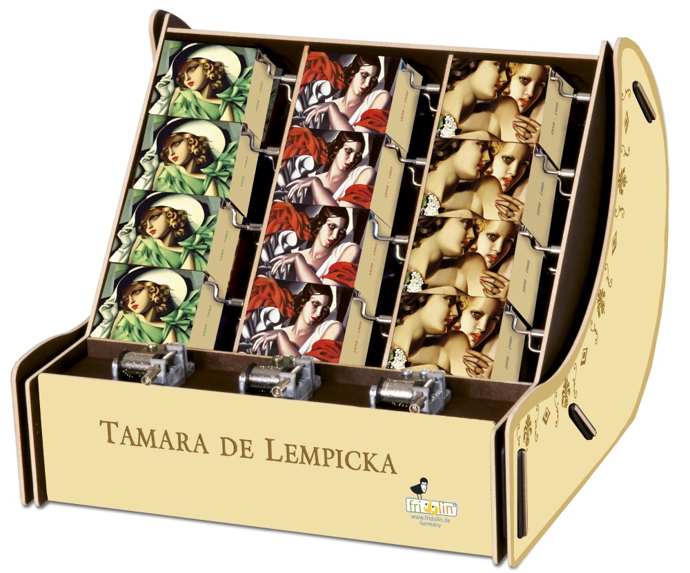 Spilledåser, Art Music Box-display, Tamara Lempicka, Borddisplay med 36 stk.+3 stk. demo. TEMA-produkt -