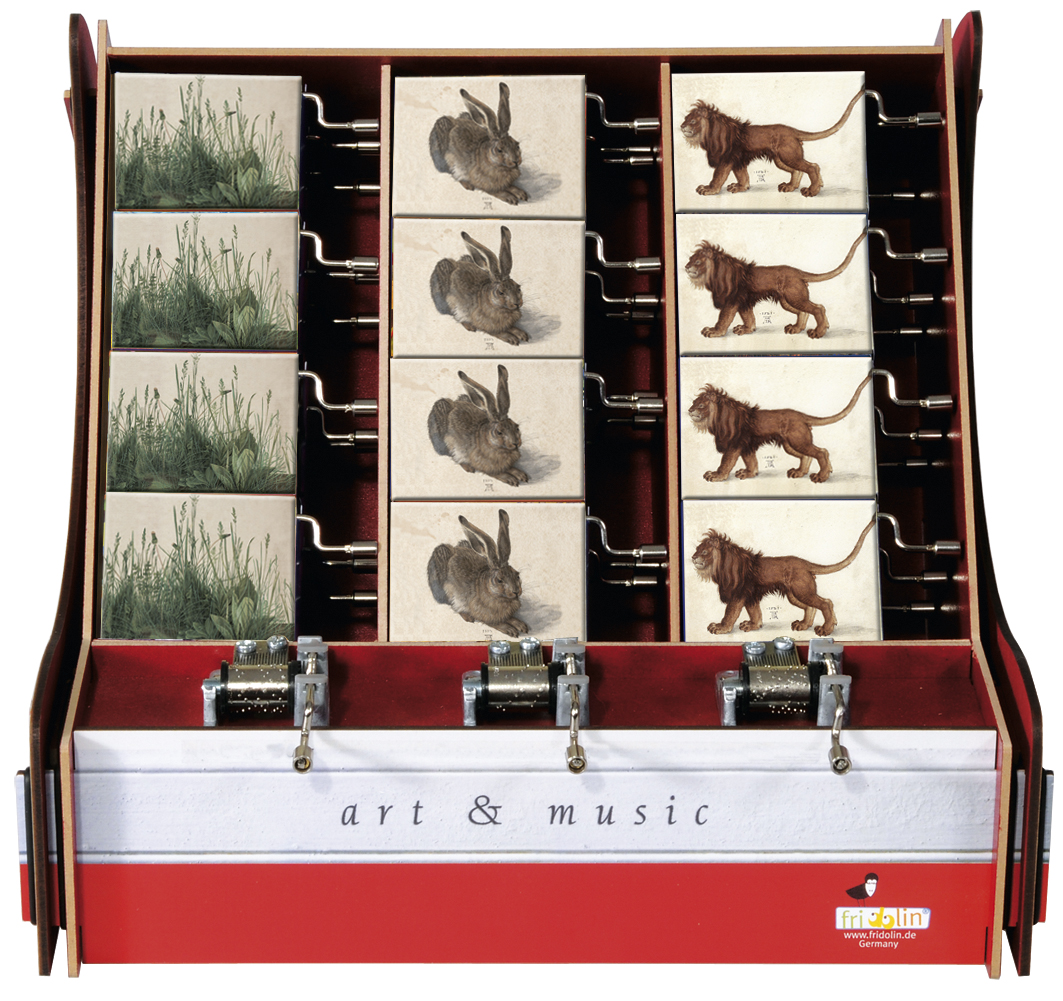 Spilledåser, Art & Music Box-display, Albrecht Dürer, Borddisplay med 36 stk.+3 stk. demo. TEMA-produkt