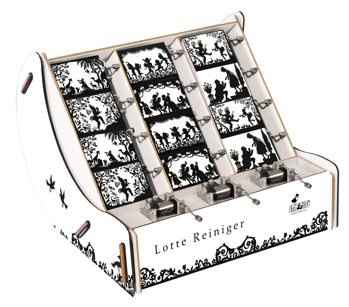 Spilledåser, Art & Music Box-display, Lotte Reiniger: Black & White, Borddisplay med 36 stk.+3 stk. demo.