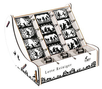 Spilledåser, Art & Music Box-display, Lotte Reiniger: Black & White, Borddisplay med 36 stk.+3 stk. demo.