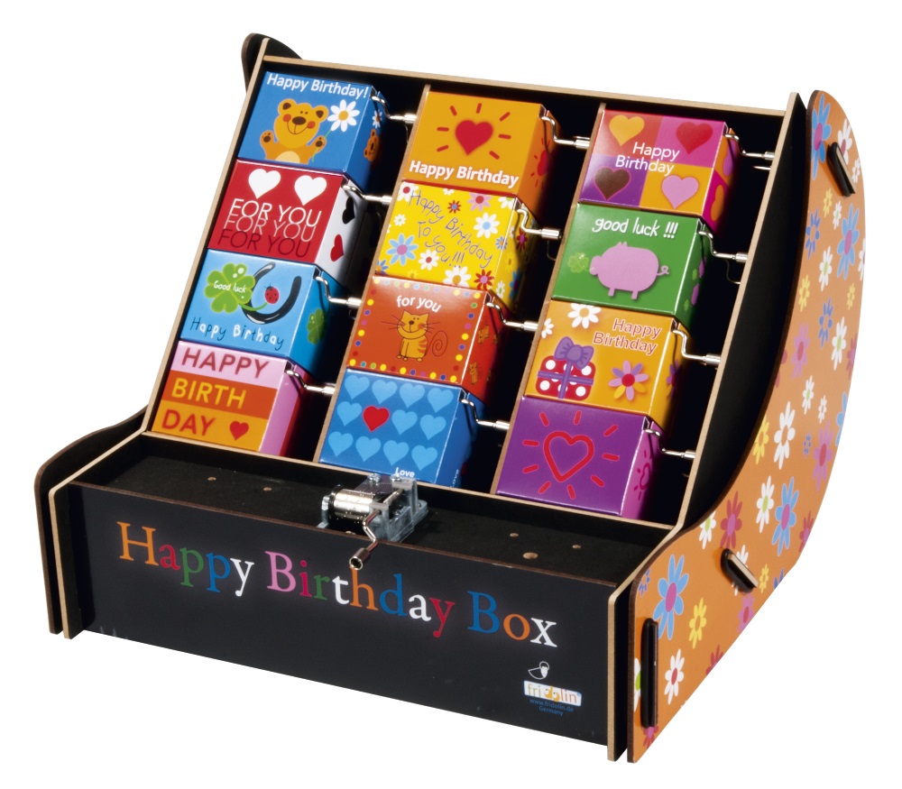 Speldosor, Art & Music Box-display, Happy Birthday, Bordsdisplay med 36 st.+1 st. demo.
