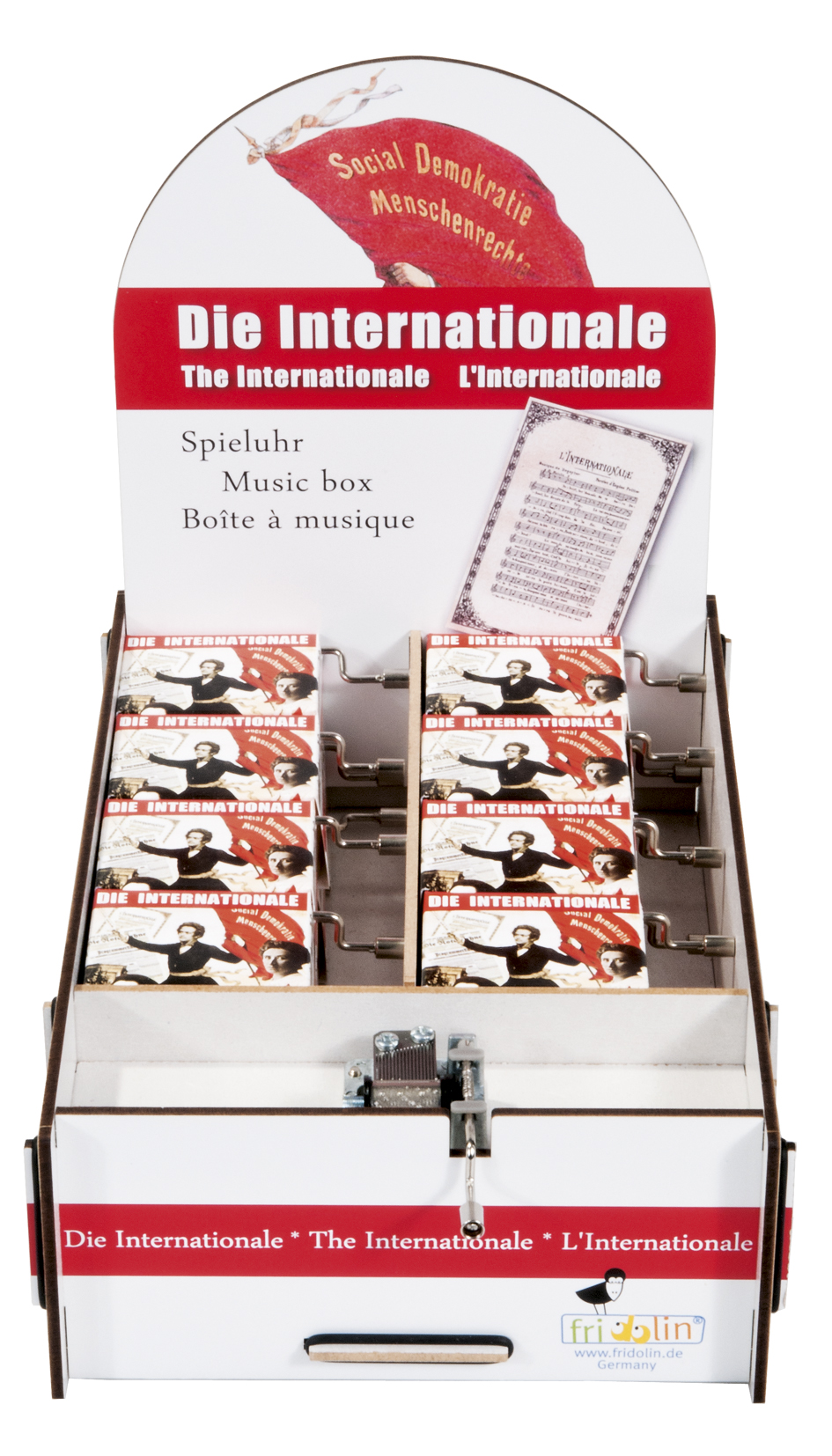 Spilledåser, Art & Music Box-display, Internationalen, Borddisplay med 16 stk.+1 stk. demo.