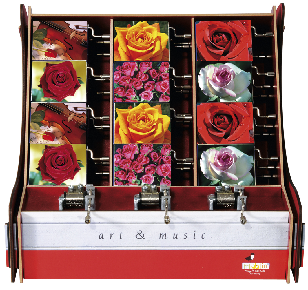Speldosor, Art & Music Box-display, Rosor, Bordsdisplay med 36 st.+3 st. demo., TEMA-produkt
