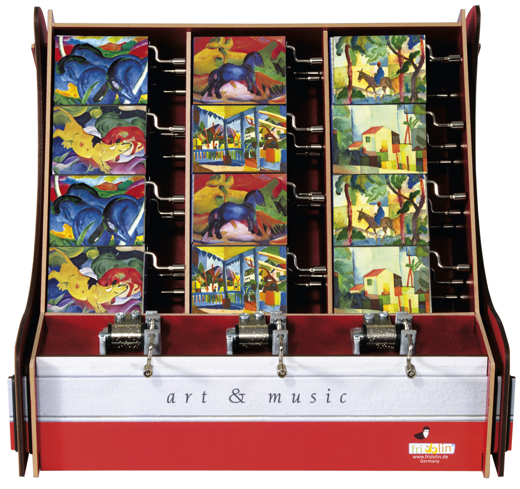 Spilledåser, Art & Music Box-display, Franz Marc & August Macke, Borddisplay med 36 stk.+3 stk. demo. TEMA-produkt