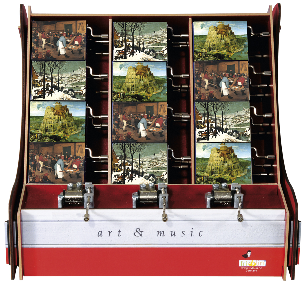 Spilledåser, Art & Music Box-display, Pieter Bruegel d.ä., Borddisplay med 36 stk.+3 stk. demo. TEMA-produkt