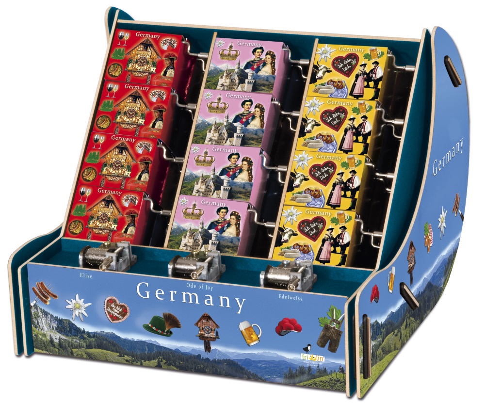 Spilledåser, Art & Music Box-display, Tyskland, Borddisplay med 36 stk.+3 stk. demo. TEMA-produkt