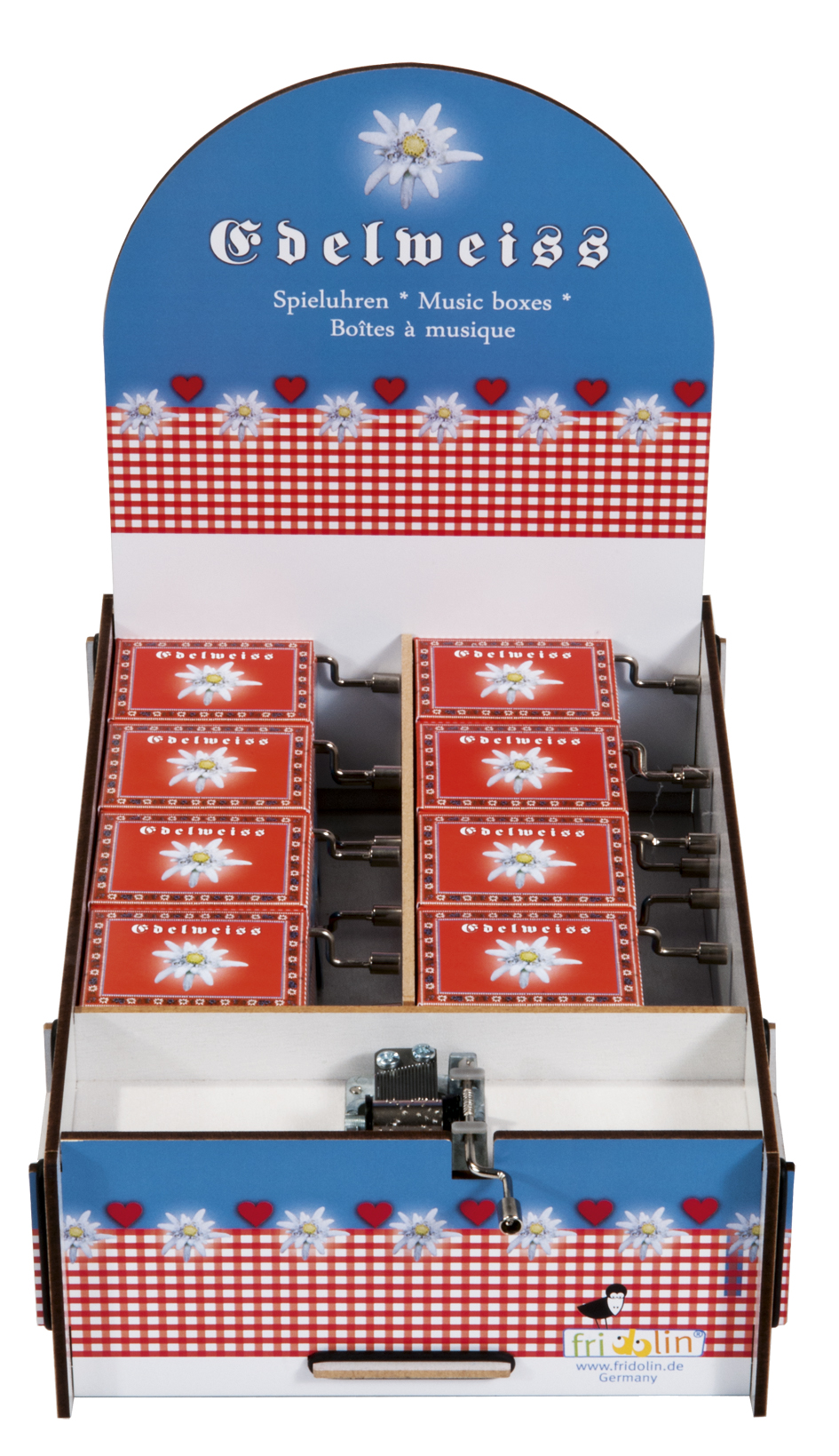 Speldosor, Art & Music Box-display, Edelweiss, Bordsdisplay med 16 st.+1 st. demo., TEMA-produkt