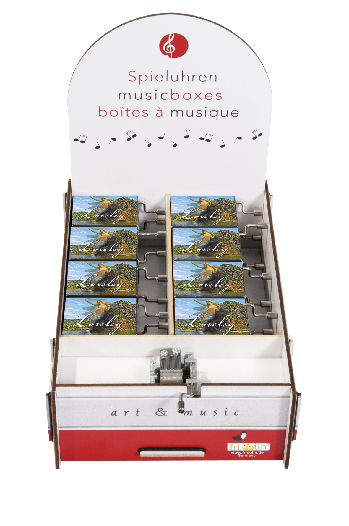 Spilledåser, Art & Music Box-display, Loreley, Borddisplay med 16 stk.+1 stk. demo. TEMA-produkt