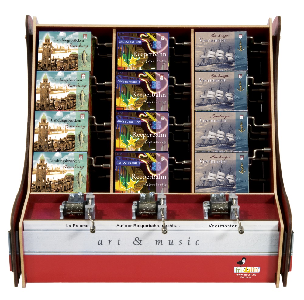 Spilledåser, Art & Music Box-display, Hamburg, Borddisplay med 36 stk.+3 stk. demo. TEMA-produkt