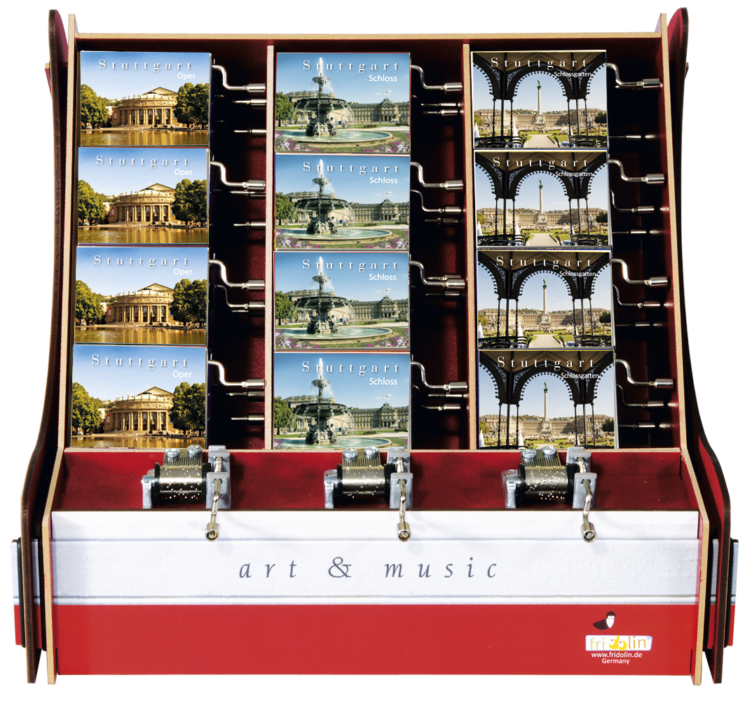 Spilledåser, Art & Music Box-display, Stuttgart, Borddisplay med 36 stk.+3 stk. demo. TEMA-produkt