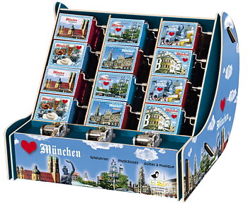Speldosor, Art & Music Box-display, München, Bordsdisplay med 36 st.+3 st. demo., TEMA-produkt