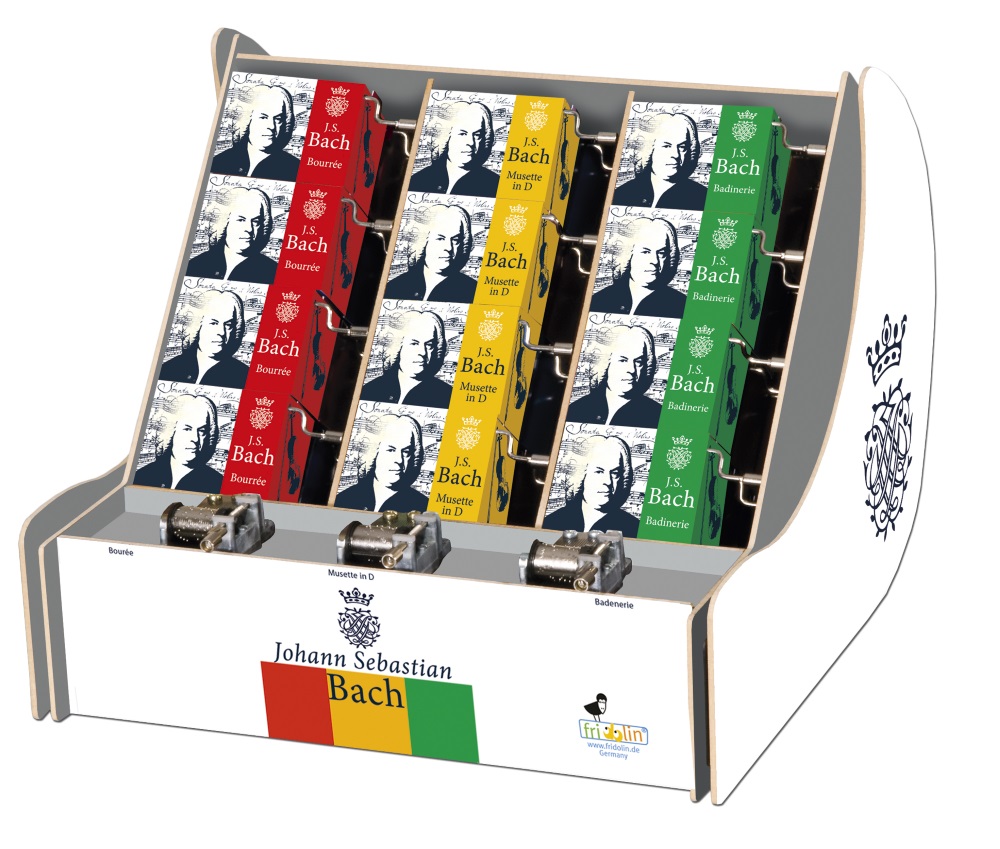 Spilledåser, Art & Music Box-display, Johann Sebastian Bach, Borddisplay med 36 stk.+3 stk. demo. TEMA-produkt