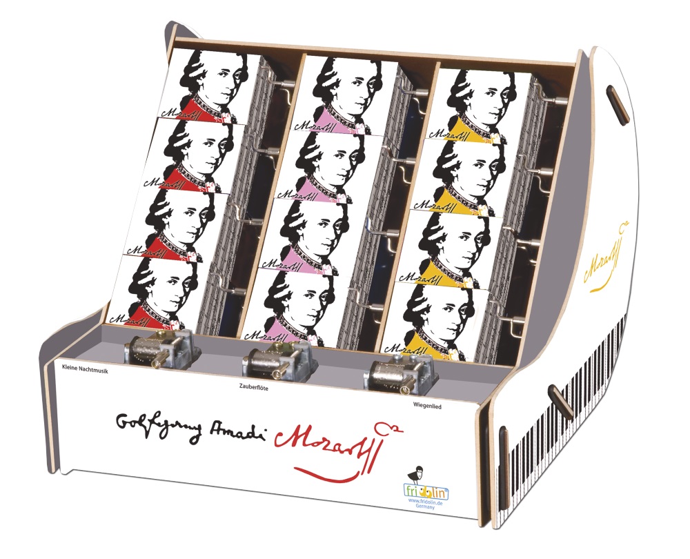Spilledåser, Art & Music Box-display, Wolfgang Amadeus Mozart, New Line, Borddisplay med 36 stk.+3 stk. demo. TEMA-produkt