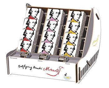 Spilledåser, Art & Music Box-display, Wolfgang Amadeus Mozart, New Line, Borddisplay med 36 stk.+3 stk. demo. TEMA-produkt