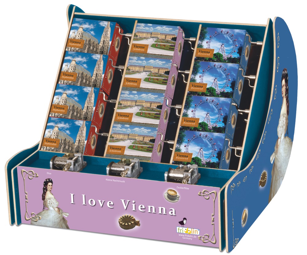 Speldosor, Art & Music Box-display, Wien, Bordsdisplay med 36 st.+3 st. demo., TEMA-produkt