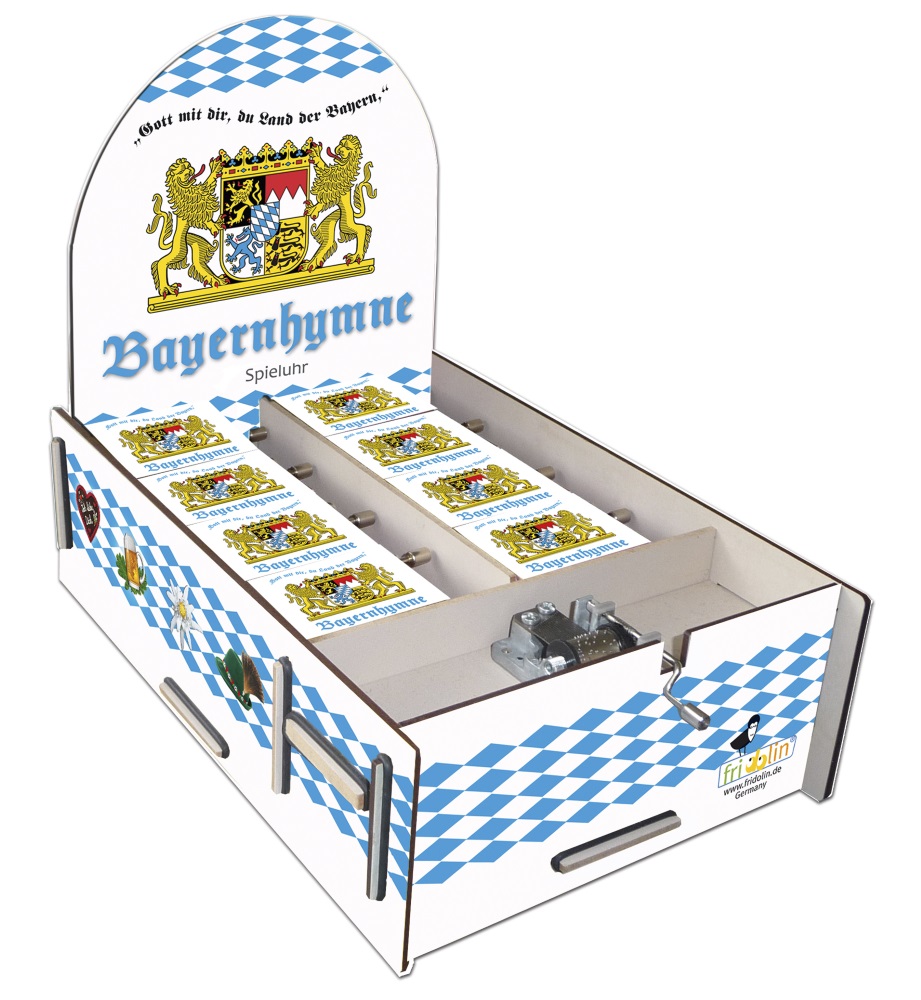 Spilledåser, Art & Music Box-display, Bayernhymn, Borddisplay med 16 stk.+1 stk. demo. TEMA-produkt