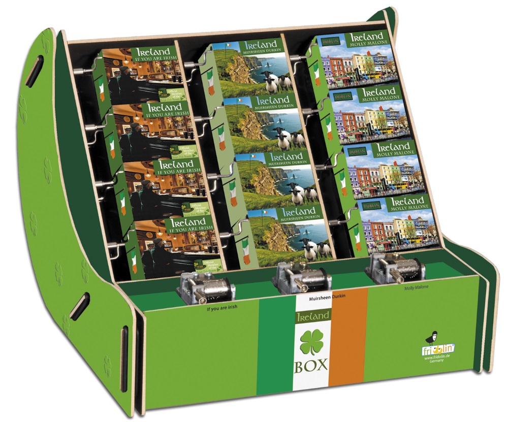 Spilledåser, Art & Music Box-display, Irland, Borddisplay med 36 stk.+3 stk. demo. TEMA-produkt