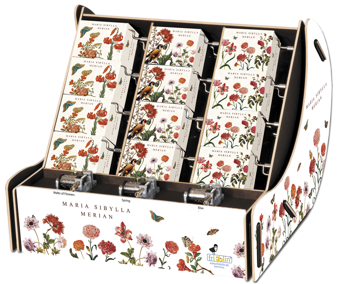 Spilledåser, Art & Music Box-display, Maria Sibylla Merian, Borddisplay med 36 stk.+3 stk. demo.