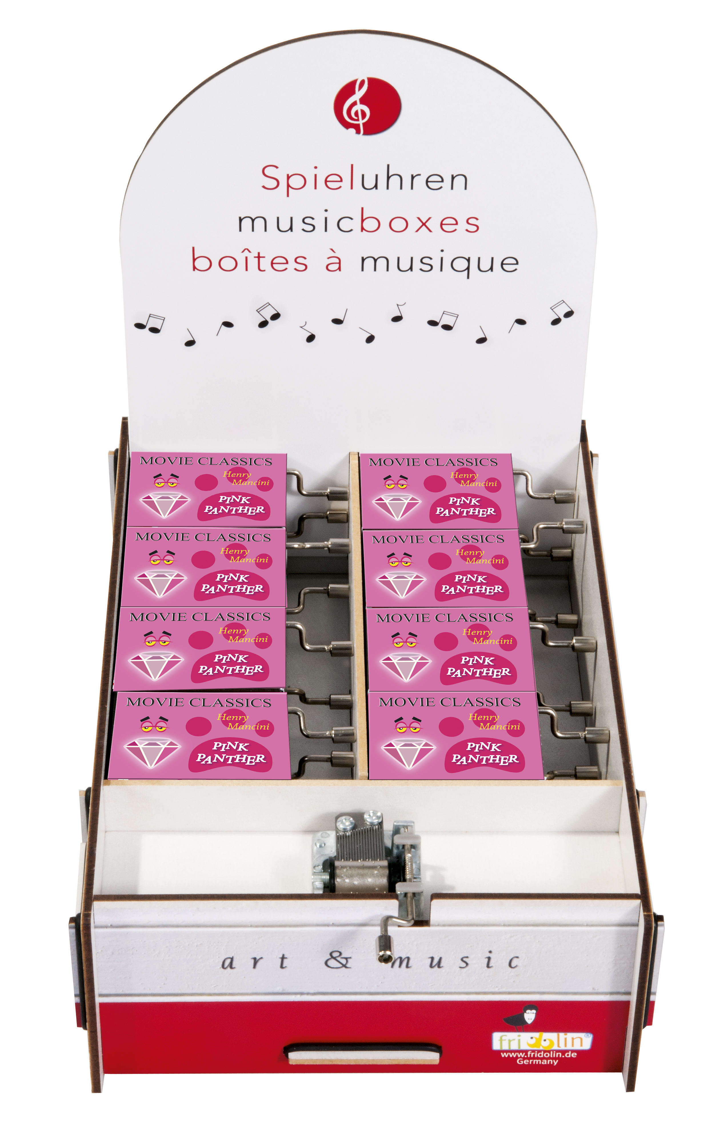 Speldosor, Art & Music Box-display, Pink Panther, Bordsdisplay med 16 st.+1 st. demo.