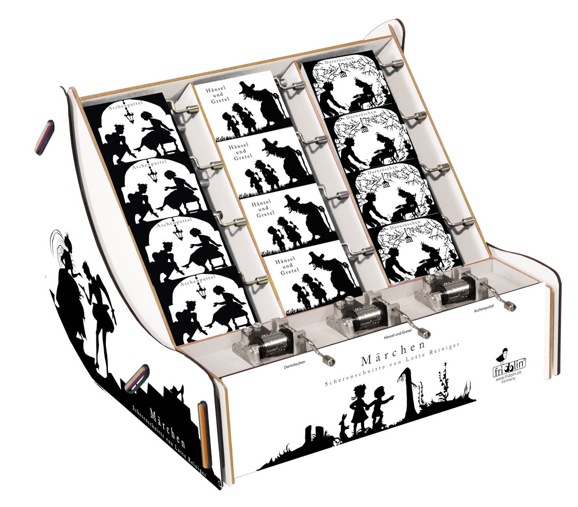 Spilledåser, Art & Music Box-display, Lotte Reiniger: Fairytales, Borddisplay med 36 stk.+3 stk. demo. TEMA-produkt