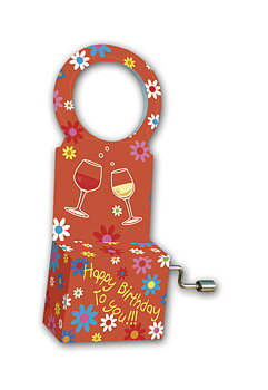 Spilledåse, Flask-musik, blomster, to vinglas/Happy Birthday