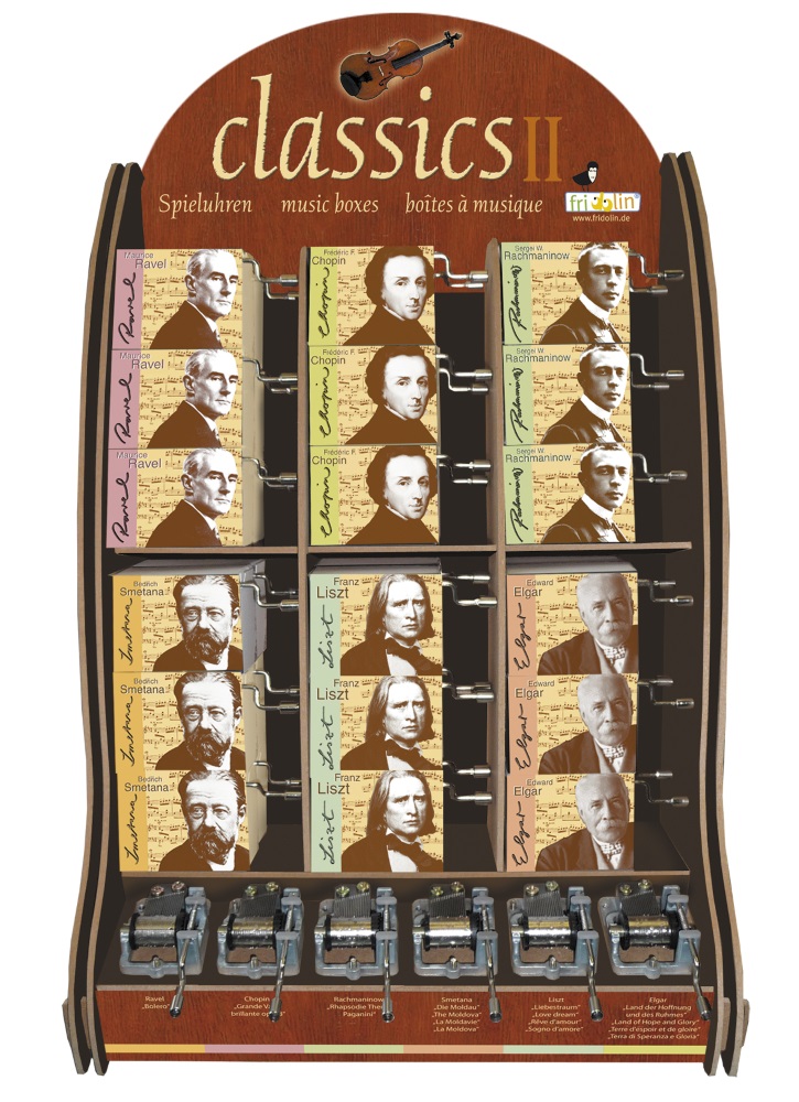 Spilledåser, Art & Music Box-display, Classics 3, Borddisplay med 36 stk.+6 stk. demo. TEMA-produkt