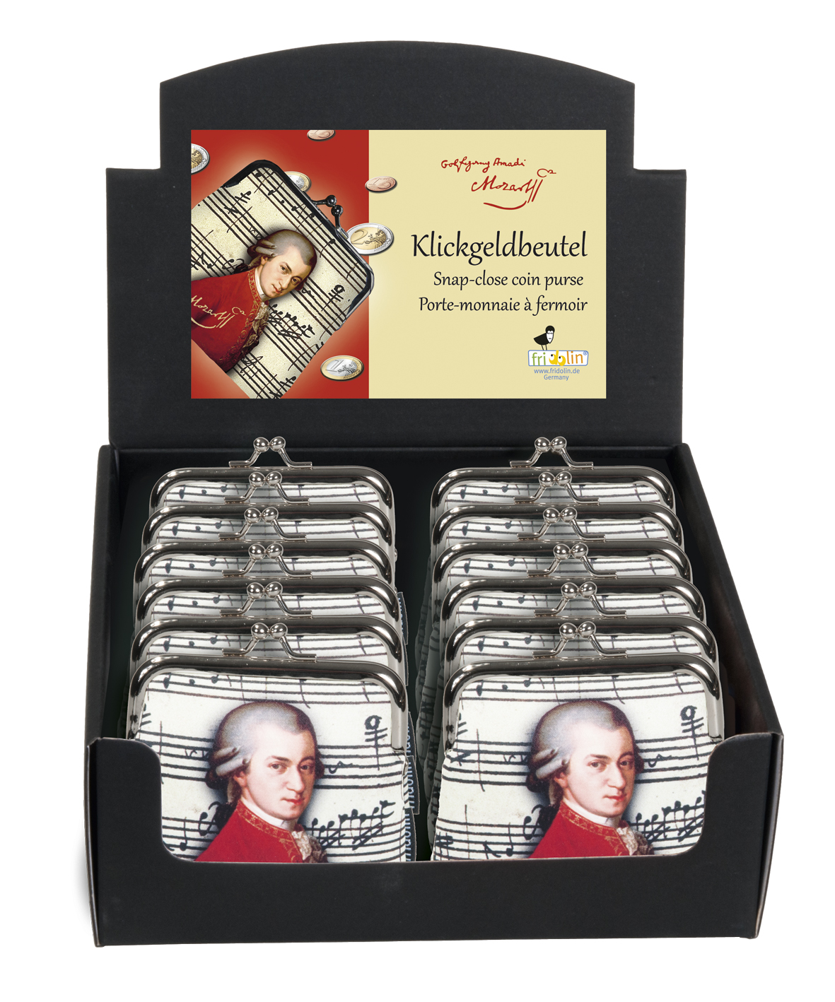 Portmonnäer, Wolfgang Amadeus Mozart, Bordsdisplay med 12 st., TEMA-produkt
