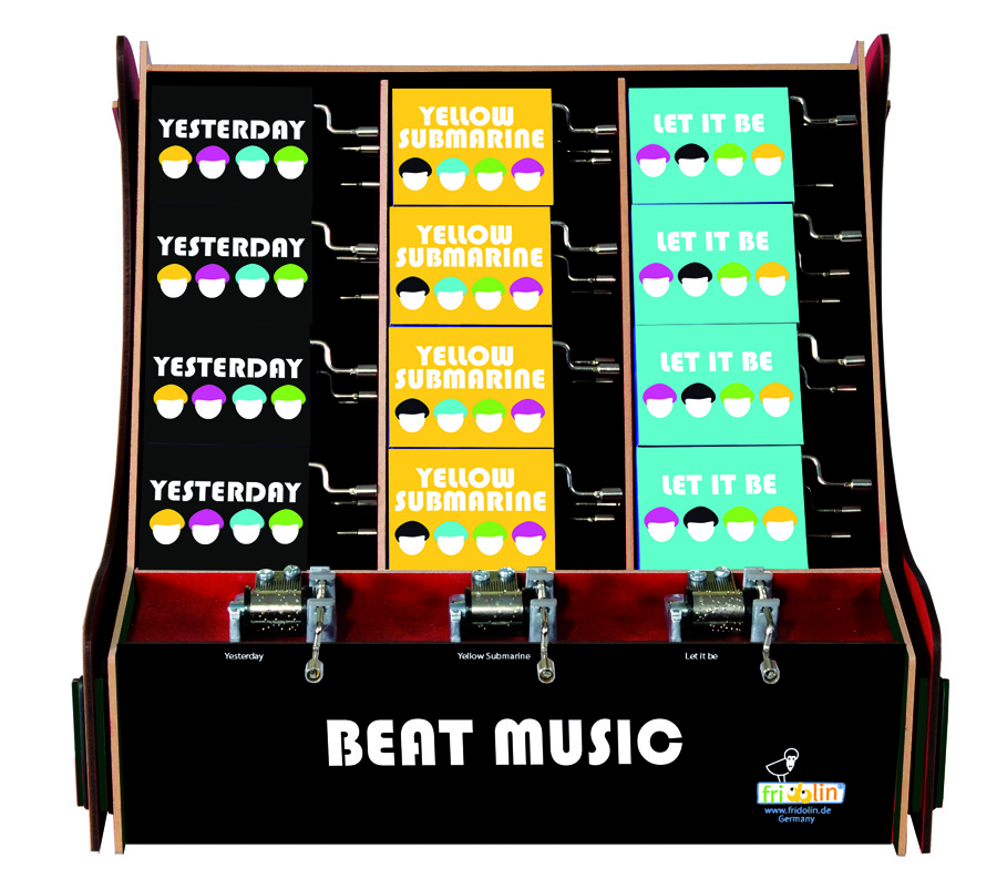 Spilledåser, Art & Music Box-display, Beatles, Borddisplay med 36 stk.+3 stk. demo.
