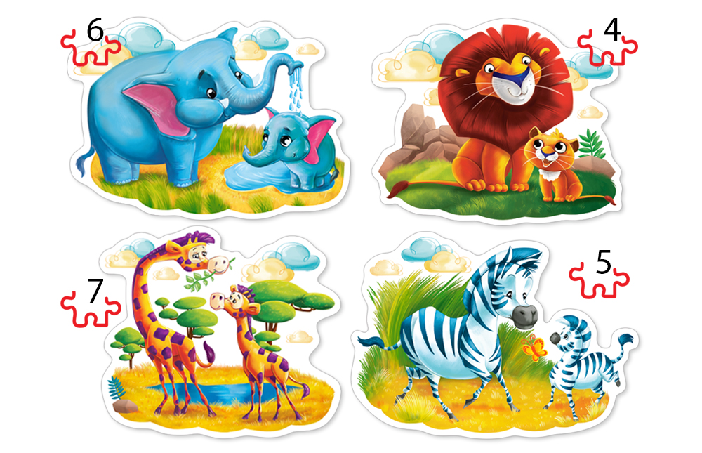 Animals of Africa, 4 puslespil - figurformede, 4, 5, 6 og 7 brikker (B-04454)