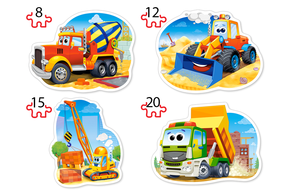 Construction Vehicles, 4 puslespil - 8, 12, 15 og 20 brikker (B-043040)