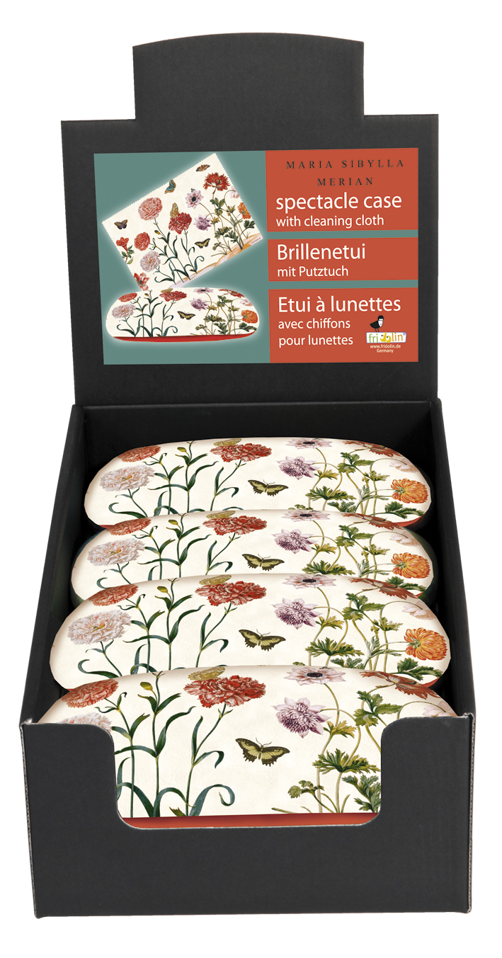 Brilleetuier med pudseklude, Maria Sibylla Merian, Borddisplay med 8 stk.
