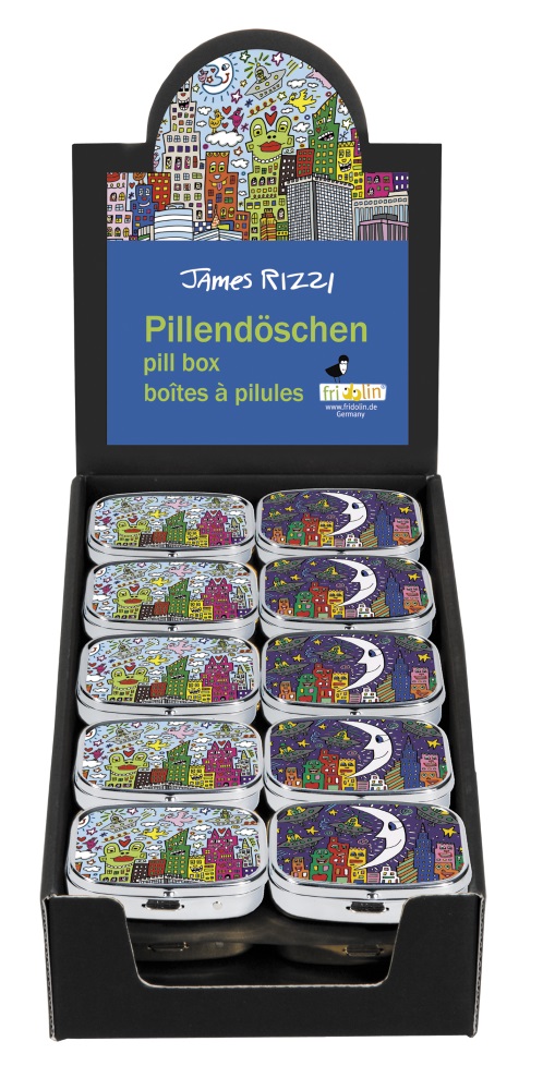 Pilleæsker med spejl, James Rizzi, Borddisplay med 30 stk. 