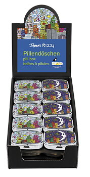 Pilleæsker med spejl, James Rizzi, Borddisplay med 30 stk. 