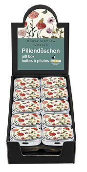 Pilleæsker med spejl, Maria Sibylla Merian, Borddisplay med 30 stk.
