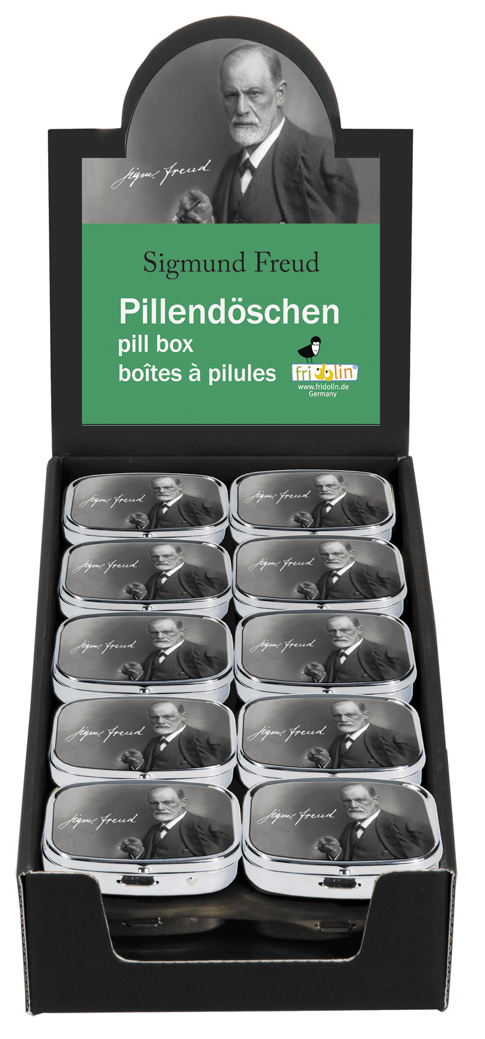 Pilleæsker med spejl, Sigmund Freud, Borddisplay med 30 stk. TEMA-produkt