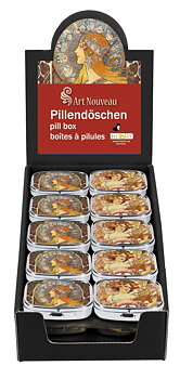 Pilleæsker med spejl, Art Nouveau, Borddisplay med 30 stk. TEMA-produkt