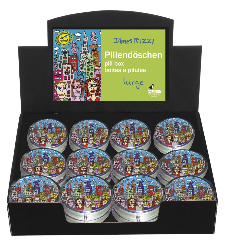 Runde Pilleæsker med spejl, stor, James Rizzi, Borddisplay med 24 stk. TEMA-produkt