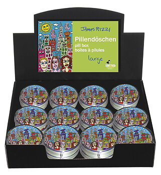 Runde Pilleæsker med spejl, stor, James Rizzi, Borddisplay med 24 stk. TEMA-produkt