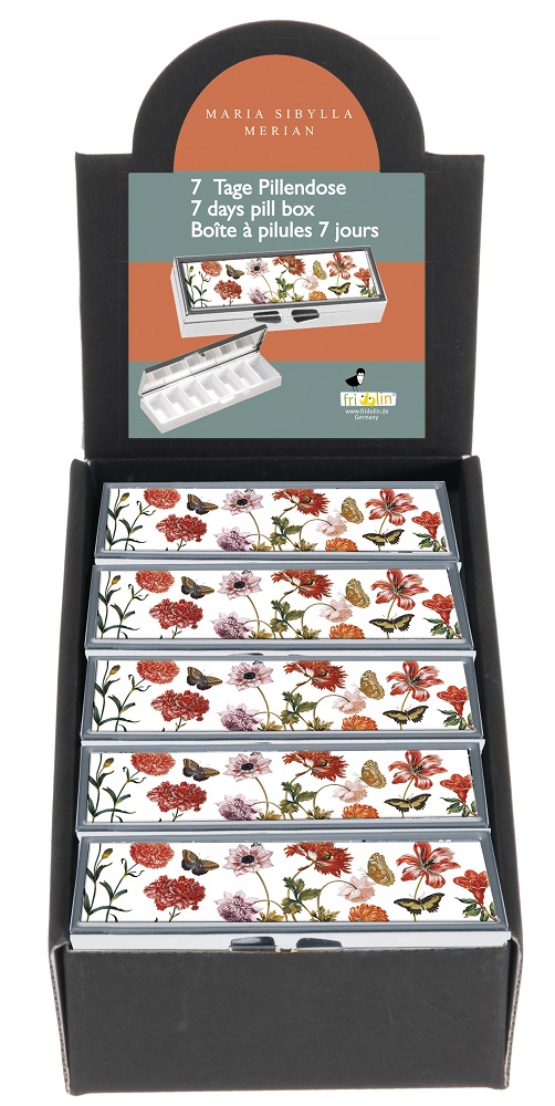 7-dages pilleæske med spejl, Maria Sibylla Merian, Borddisplay, 18 stk.