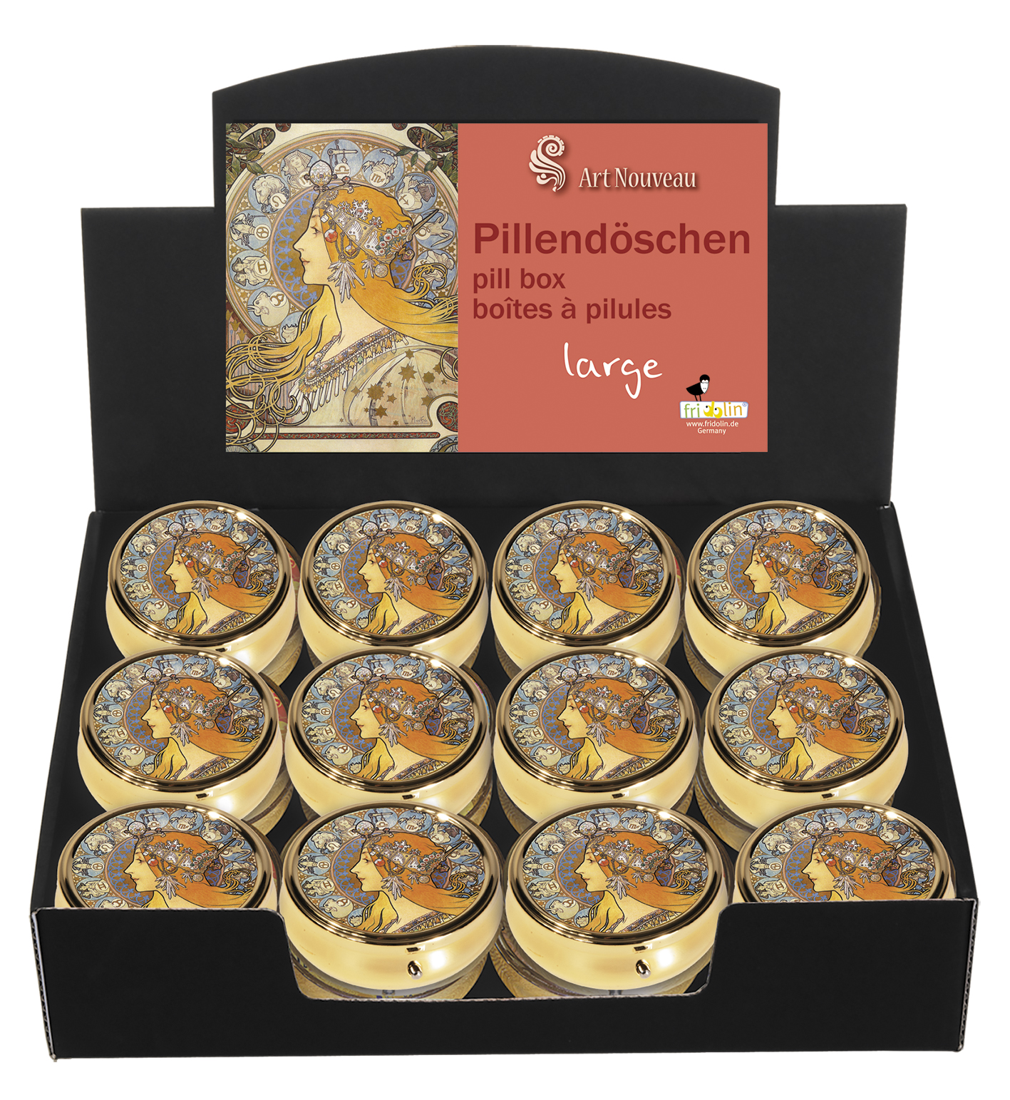 Runde pilleæsker med spejl, stor, Art Nouveau, Borddisplay med 24 stk. TEMA-produkt