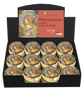 Runde pilleæsker med spejl, stor, Art Nouveau, Borddisplay med 24 stk. TEMA-produkt