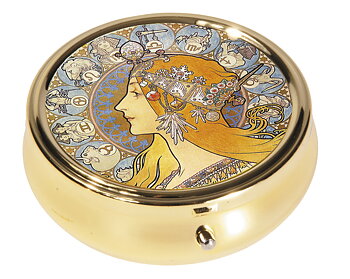 Rund pilleæske med spejl, stor, Zodiak, Art Nouveau, TEMA-produkt