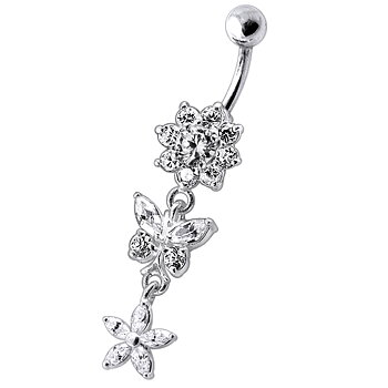 Navelpiercing - blommor med fjäril med kristaller