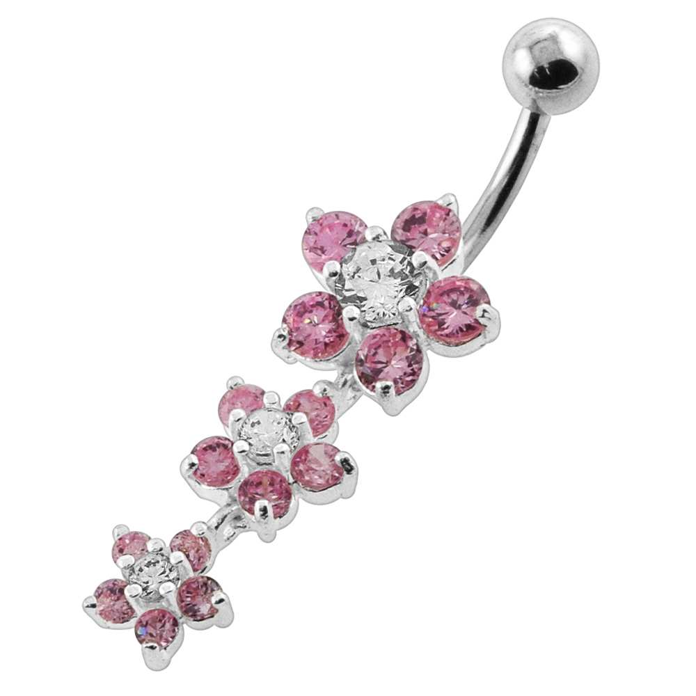 Navelpiercing med hängande tre blommor - rosa kristaller