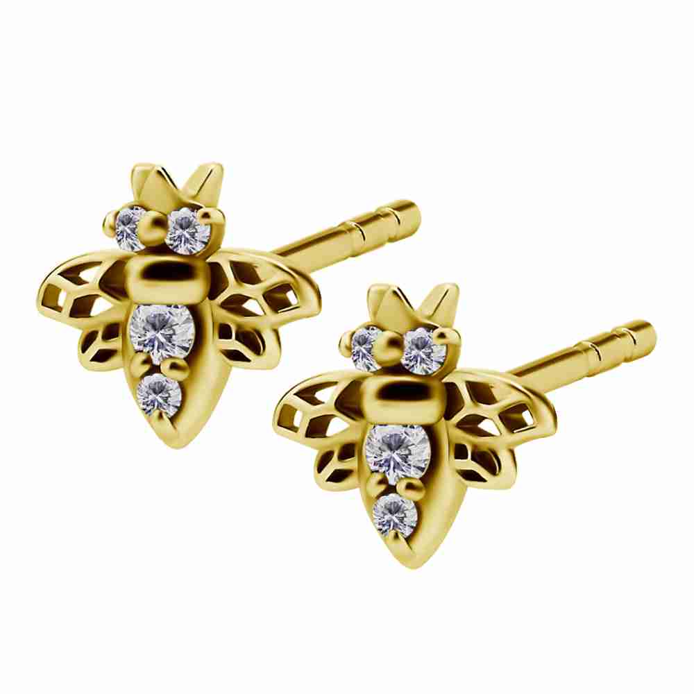 Earring - bee with crystals - surgical steel - 18K gold PVD - 3